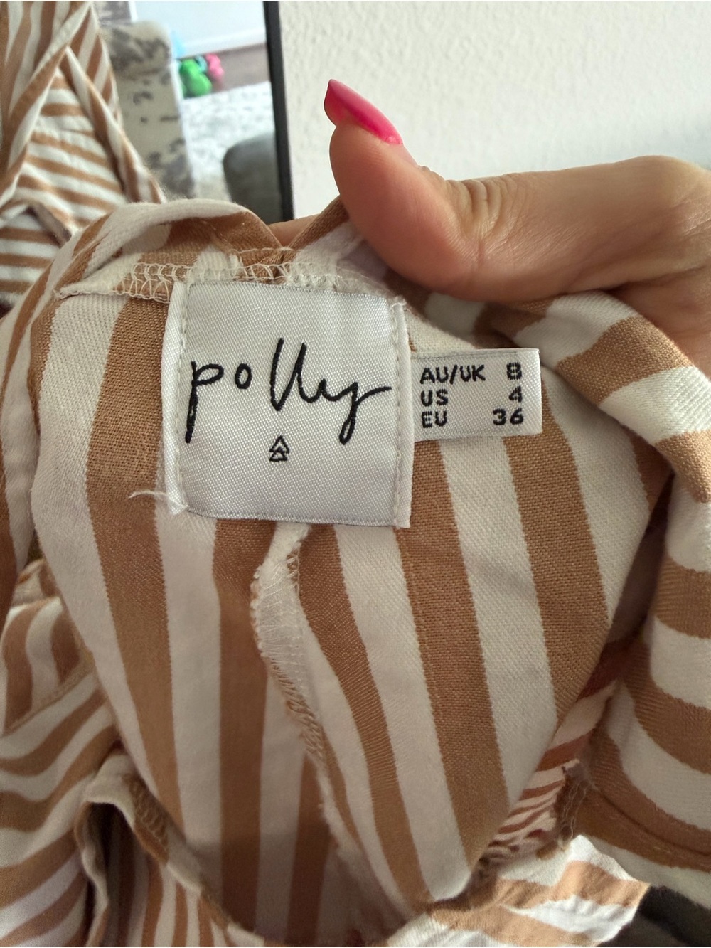 Striped Tie-Shoulder Short Jumpsuit in Tan & White - Picture 2 of 2